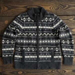 Vtg L.L. Bean Lambswool Knit Fair Isle Nordic Ski Full Zip Cardigan Sweater! M